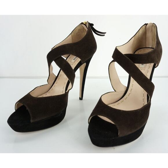 Miu Miu Two Tone Suede Strappy Caged Platform Heel Sandals - Picture 6 of 10